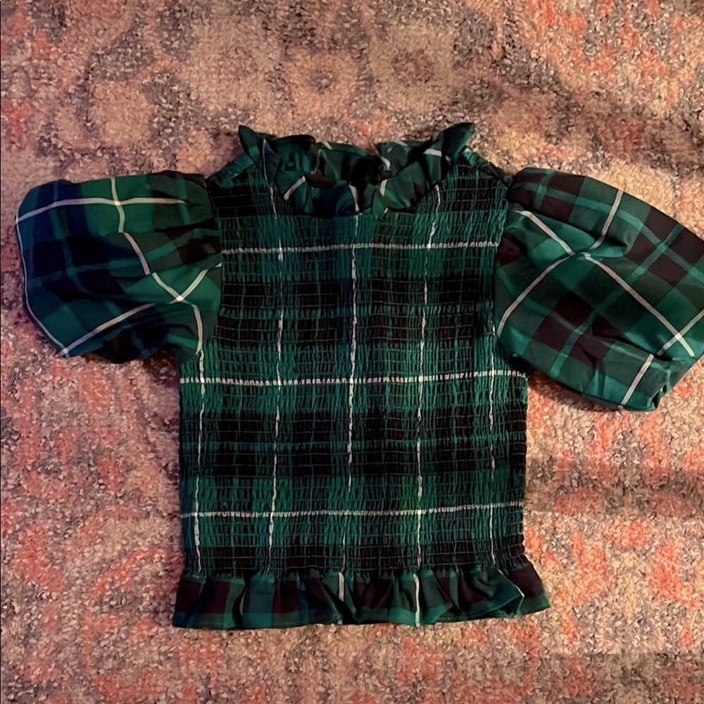 Janie and Jack Green Plaid Kids Top| size 6
